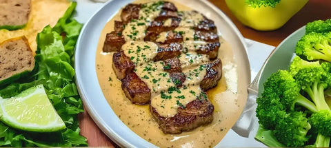 Delicious steak with truffle cream sauce and savory sides in a gourmet presentation.