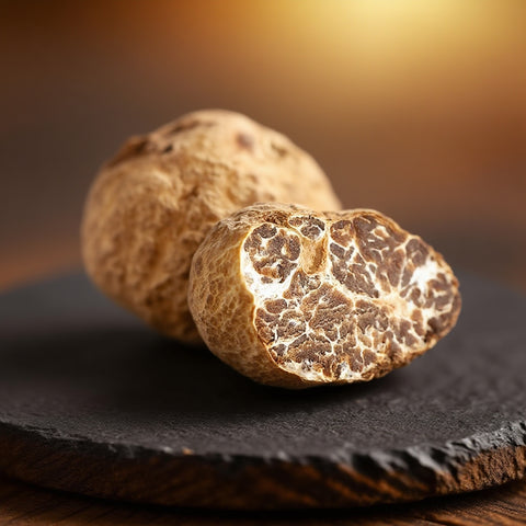 Two truffles on a dark surface with a blurred warm background